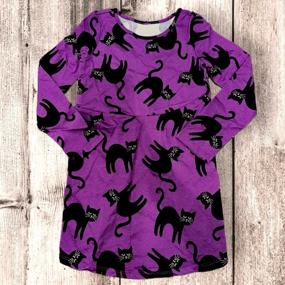 Kids Toddler Girls Halloween Holiday Scary Black Cat Purple Skater Dress Size 5